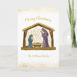 Cartes Pour Fêtes Annuelles Crèche de Noël en typographie blanche et or