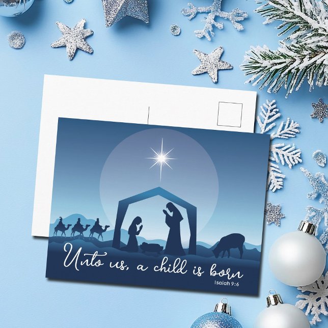 Cartes Pour Fêtes Annuelles Crèche de Noël religieuse Scène Bleue (Créateur téléchargé)
