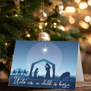 Cartes Pour Fêtes Annuelles Crèche de Noël religieuse Scène Bleue