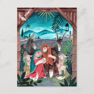 Cartes Pour Fêtes Annuelles Crèche religieuse bleue, Marie et Joseph rouges