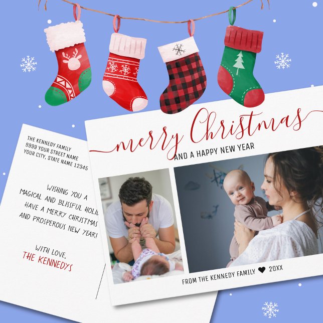 Cartes Pour Fêtes Annuelles Créer votre propre photo de famille 2 Rouge Joyeux (Create Your Own 2 Family Photo Red Merry Christmas Holiday Postcard)