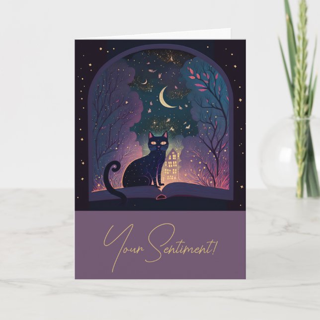 Cartes Pour Fêtes Annuelles Créez Votre Propre Mystique Chat Noir Fenêtre Magi (Devant)