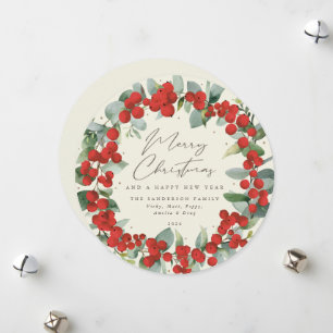 Cartes Pour Fêtes Annuelles Crème Rond Berry Rouge+Eucalyptus Fête Wreath