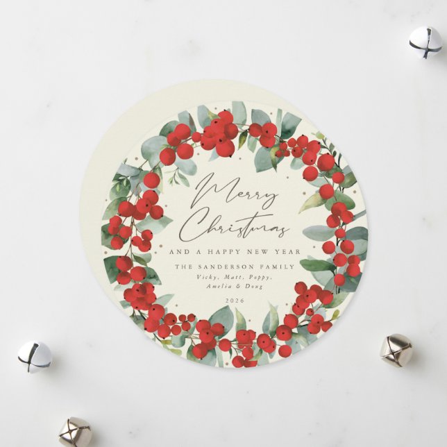 Cartes Pour Fêtes Annuelles Crème Rond Berry Rouge+Eucalyptus Fête Wreath (Devant/Arrière en situation)