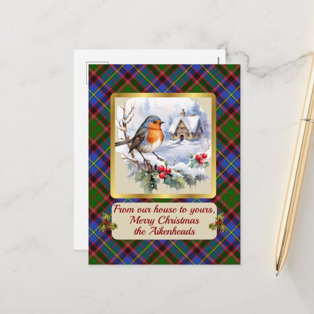 Cartes Pour Fêtes Annuelles Crête d'Aikenhead & Tartan avec Robin Personnalisé (Devant/Arrière en situation)