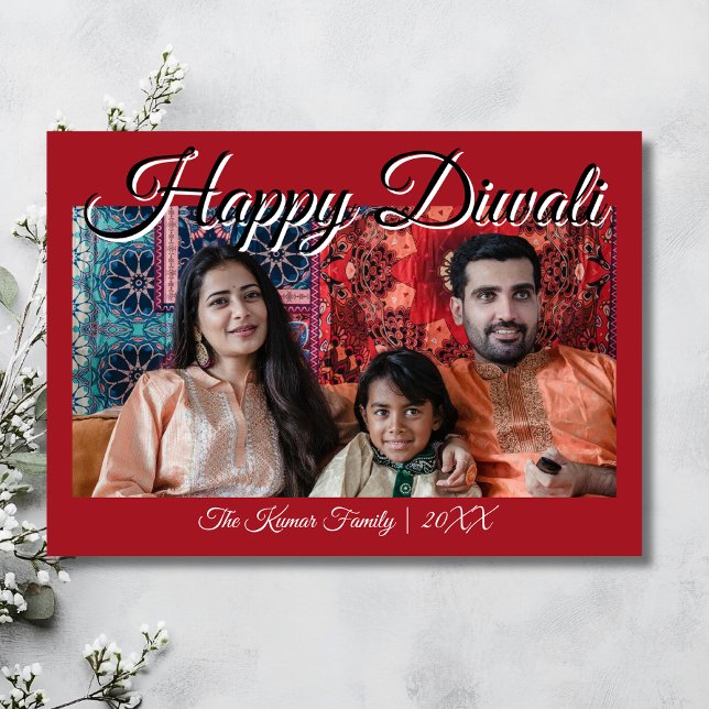 Cartes Pour Fêtes Annuelles Crimson Red Luxury Photo Happy Diwali Greeting (Créateur téléchargé)