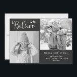 Cartes Pour Fêtes Annuelles Croire | Chalkboard Christmas Photo Collage<br><div class="desc">Cette carte de vacances tendance et rustique dit "Croyez" en écriture manuscrite couleur blanche craie, avec une branche botanique de Noël correspondante. Ajoutez deux de vos photos personnelles préférées sur l'arrière - plan noir, tableau noir. Le dos de la carte est muni d'un motif plaqué en vichy noir et blanc....</div>