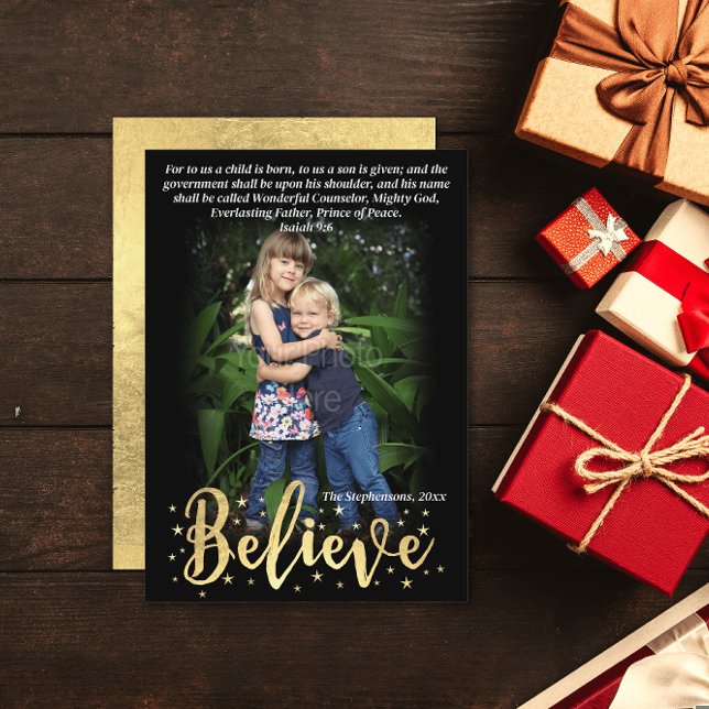 Cartes Pour Fêtes Annuelles Croire l'or Bible religieuse Verse Photo (believe christian religious bible verse photo christmas card)