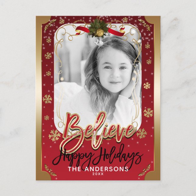 Cartes Pour Fêtes Annuelles Croire Red & Gold Winter Snowflakes Holiday Photo (Devant)