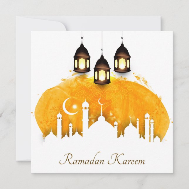 Cartes Pour Fêtes Annuelles Croissant d'aquarelle Ramadan, étoile et lanterne (Devant)
