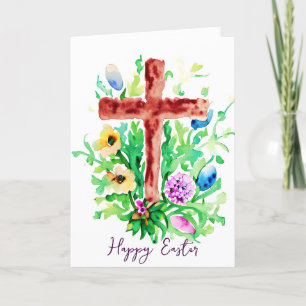 Cartes Pour Fêtes Annuelles Croix aquarelle et fleurs Pâques personnalisées