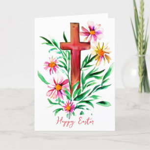 Cartes Pour Fêtes Annuelles Croix aquarelle et fleurs Pâques personnalisées