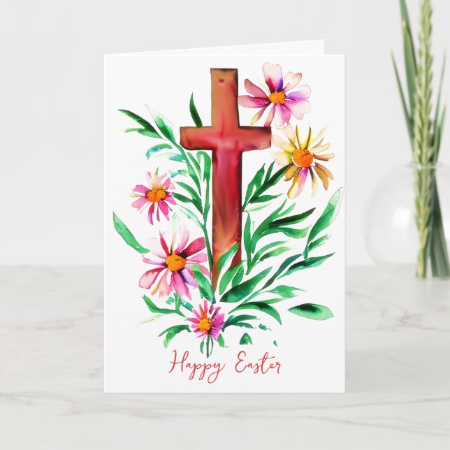 Cartes Pour Fêtes Annuelles Croix aquarelle et fleurs personnalisés Pâques (Devant)