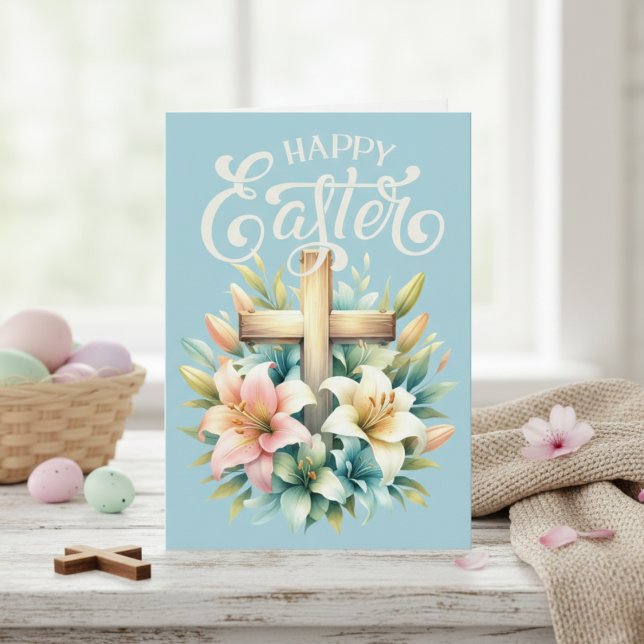 Cartes Pour Fêtes Annuelles Croix Chrétienne Avec Lys Pâques Personnalisé Pâqu (Christian Cross With Easter Lilies Custom Easter Holiday Card)