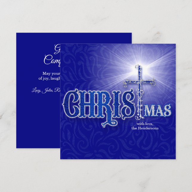 Cartes Pour Fêtes Annuelles Croix chrétienne de Noël Argent et Bleu (Devant / Derrière)