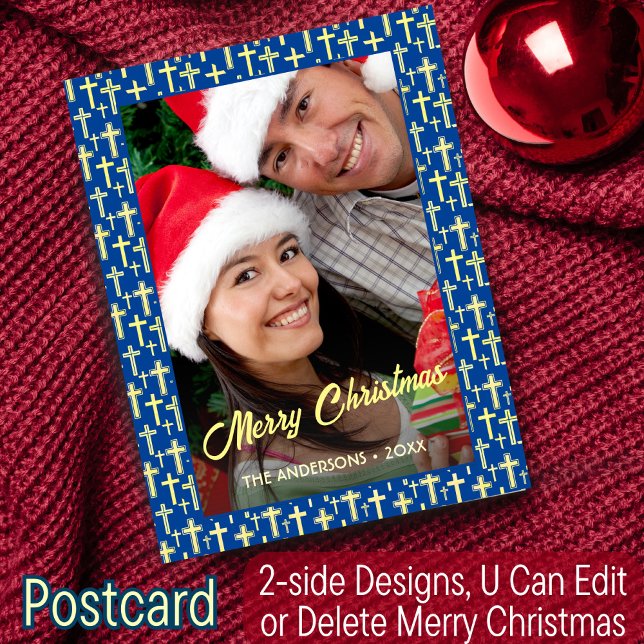 Cartes Pour Fêtes Annuelles Croix chrétienne Élégant Script Marine Bleu Noël (Créateur téléchargé)