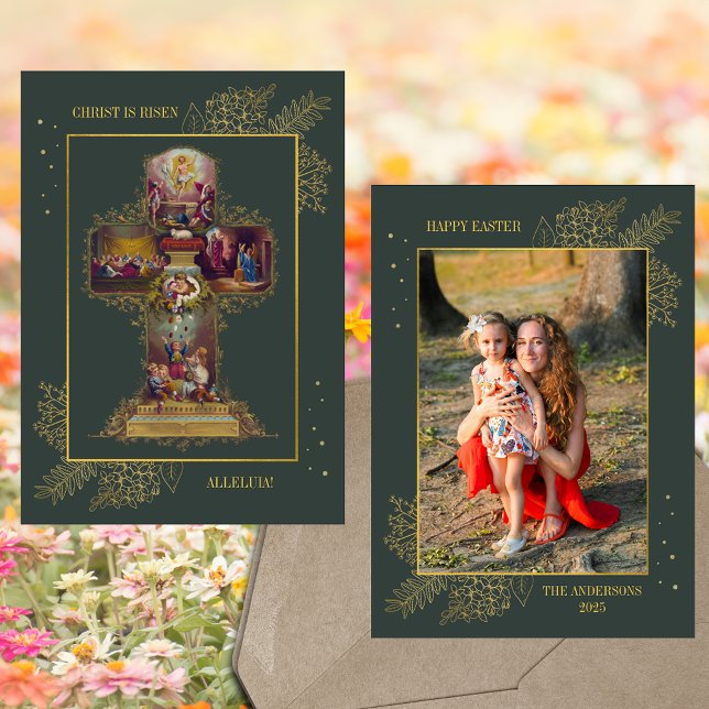 Cartes Pour Fêtes Annuelles Croix chrétienne Résurrection Famille Photo Pâques (Religious Christian Catholic Easter Floral Cross Jesus Christ Resurrection Family Photo Holiday Card)
