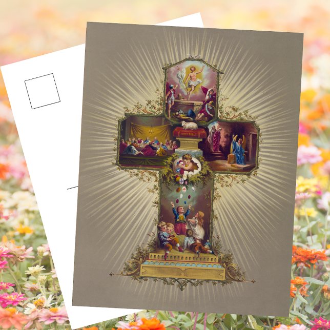 Cartes Pour Fêtes Annuelles Croix chrétienne Résurrection Jésus Christ Pâques (Religious Christian Catholic Floral Cross Resurrection Jesus Christ is Risen Easter Holiday Postcard)