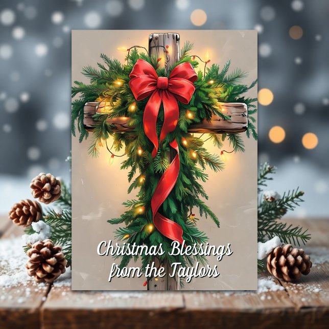 Cartes Pour Fêtes Annuelles Croix chrétienne rustique de Noël religieux (Rustic Cross Christmas Card with Garland and Bible Verse – Religious Holiday Blessings)