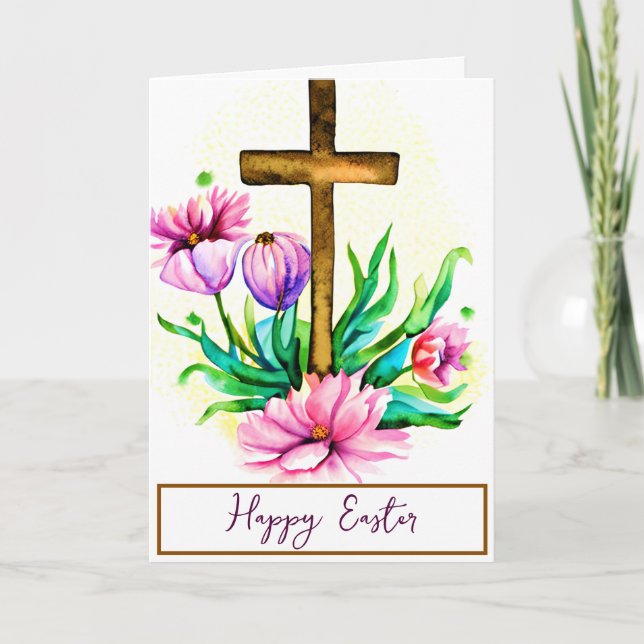 Cartes Pour Fêtes Annuelles Croix d'aquarelle et lotus rose personnalisés Pâqu (Devant)