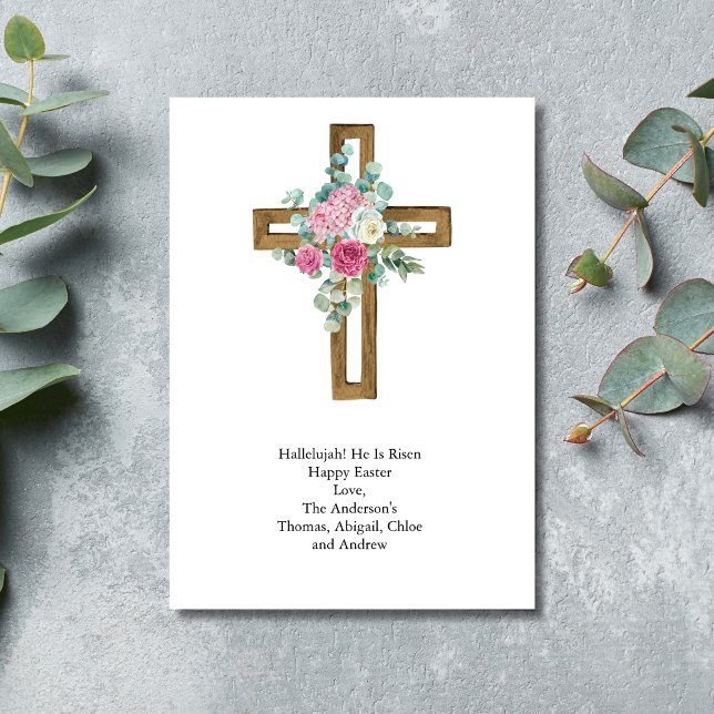 Cartes Pour Fêtes Annuelles Croix de Pâques rose Floral Religieux chrétien (Wooden Cross Pink floral Eucalyptus Watercolor Easter Card)