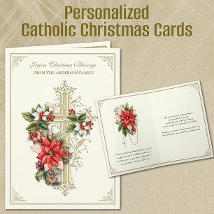 Cartes Pour Fêtes Annuelles Croix d'or catholique de Noël Poinsettias