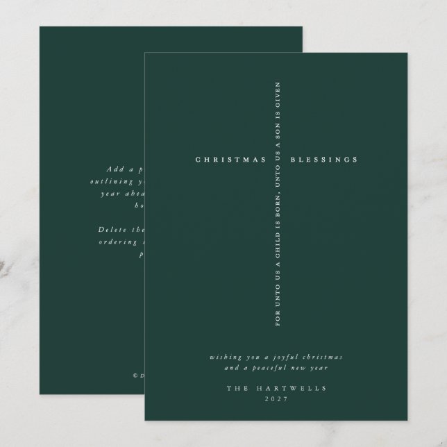 Cartes Pour Fêtes Annuelles Croix élégante vert foncé des Écritures (Devant / Derrière)
