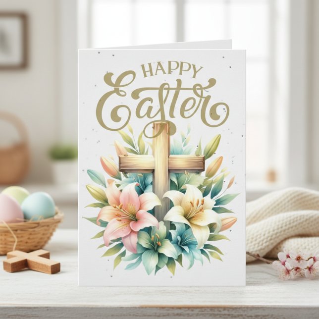Cartes Pour Fêtes Annuelles Croix en bois avec lis personnalisée Pâques chréti (Wooden Cross With Lilies Custom Christian Easter Holiday Card)