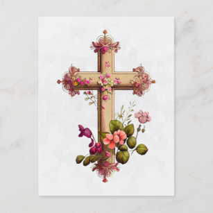 Cartes Pour Fêtes Annuelles Croix en bois élégante aux fleurs roses
