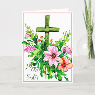Cartes Pour Fêtes Annuelles Croix florale aquarelle Pâques personnalisée