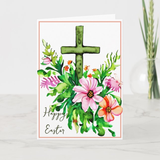 Cartes Pour Fêtes Annuelles Croix florale aquarelle personnalisée Pâques (Devant)