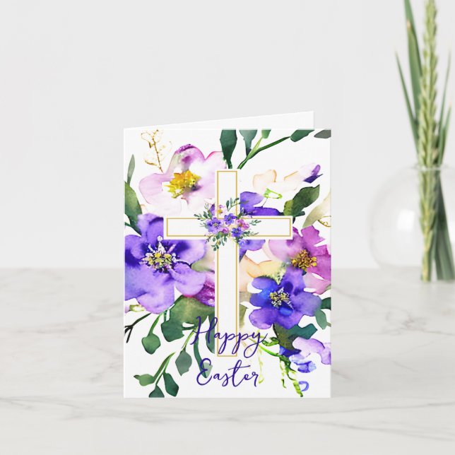 Cartes Pour Fêtes Annuelles Croix florale rose et violet coutume Pâques (Devant)