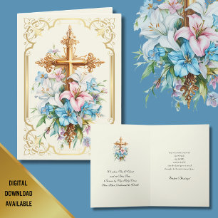 Cartes Pour Fêtes Annuelles Croix religieuse de Pâques élégante en or et lys. 