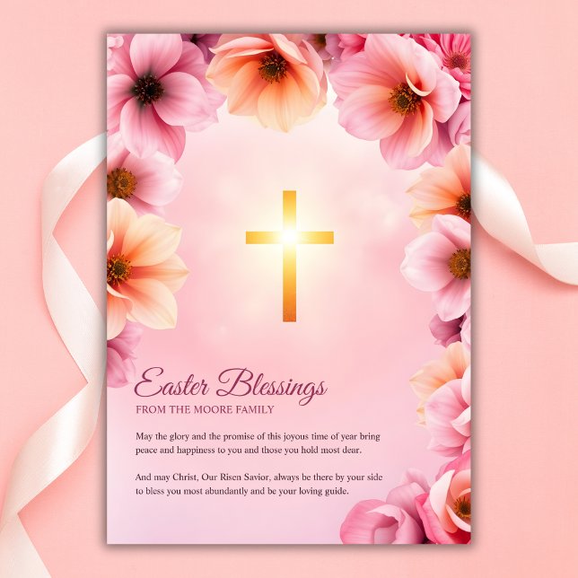 Cartes Pour Fêtes Annuelles Croix rose florale catholique Bénédiction de Pâque (Pink Floral Catholic Cross Easter Blessings Holiday Card)