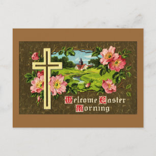 Cartes Pour Fêtes Annuelles Croix, Roses sauvages et église Vintage Pâques