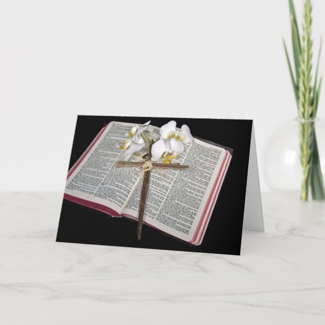 Cartes Pour Fêtes Annuelles Croix Sur La Bible Avec Les Orchidées (Devant)