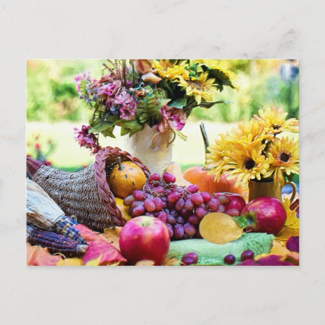 Cartes Pour Fêtes Annuelles Cronucopie d'action de grâce avec Fruits et Fleurs (Devant)