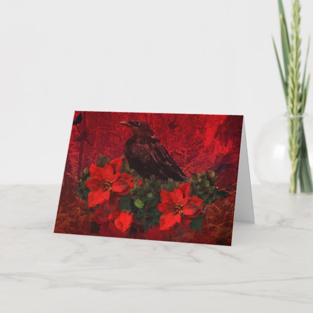 Cartes Pour Fêtes Annuelles Crow on Poinsettias and Holly Christmas Card (Devant)