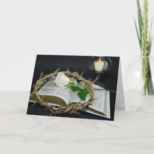 Cartes Pour Fêtes Annuelles crown and white rose on Bible