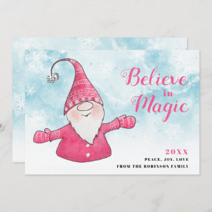 Cartes Pour Fêtes Annuelles Croyez en la magique rose Gnome Snowy Blue Noël