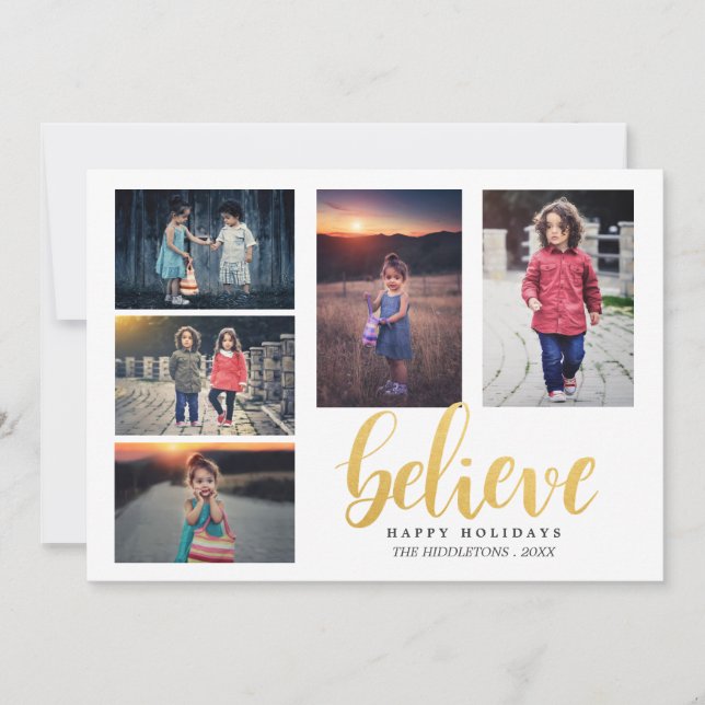 Cartes Pour Fêtes Annuelles Croyez Faux Gold Typography Holiday Five Photos (Devant)