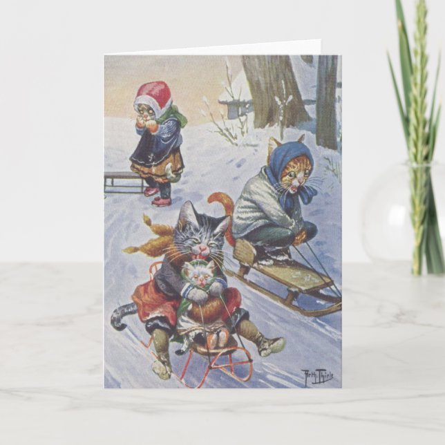 Cartes Pour Fêtes Annuelles Cru - chats Sledding de neige, (Devant)