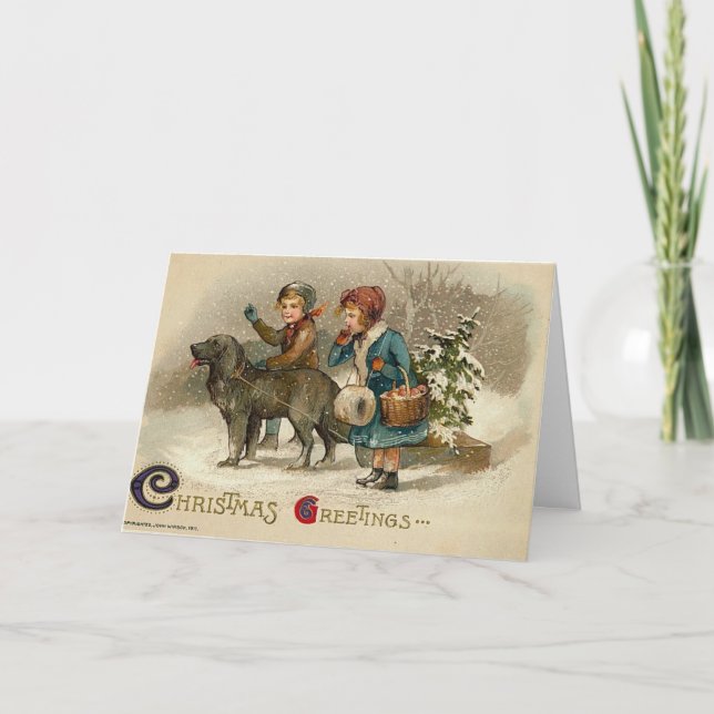 Cartes Pour Fêtes Annuelles Cru - enfants et leur chien à Noël, (Devant)