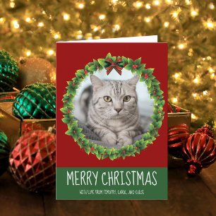 Cartes Pour Fêtes Annuelles Cuisine Personnalisée Chat Joyeux Noël Wreath Red 