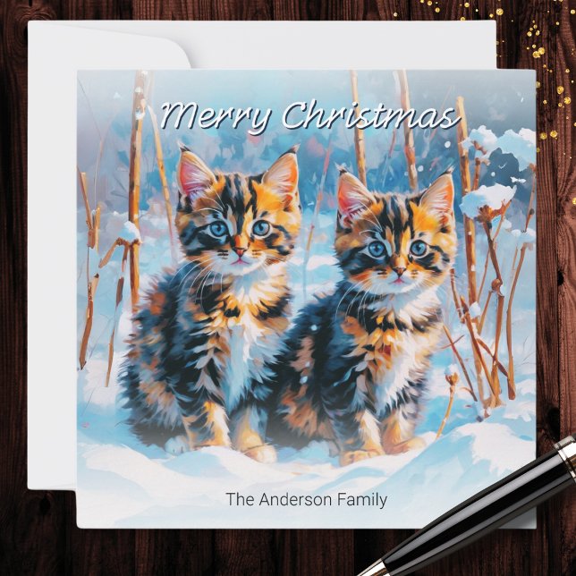 Cartes Pour Fêtes Annuelles Cuite Tabby Kittens En Neige Animaux de compagnie  (A personalized Christmas card with illustration of two cute tabby kittens in the winter snow)