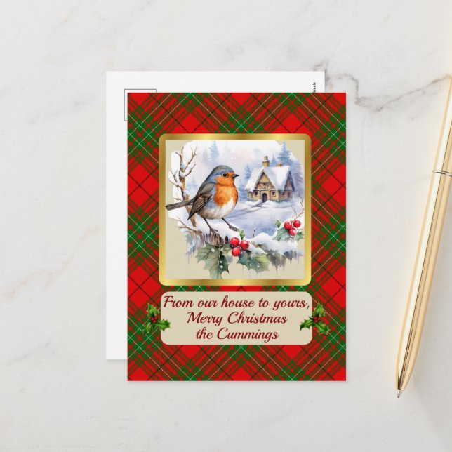 Cartes Pour Fêtes Annuelles Cumming Tartan avec Robin Personnalisé   (Devant/Arrière en situation)