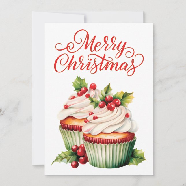 Cartes Pour Fêtes Annuelles Cupcake de Noël Holly Berry (Devant)