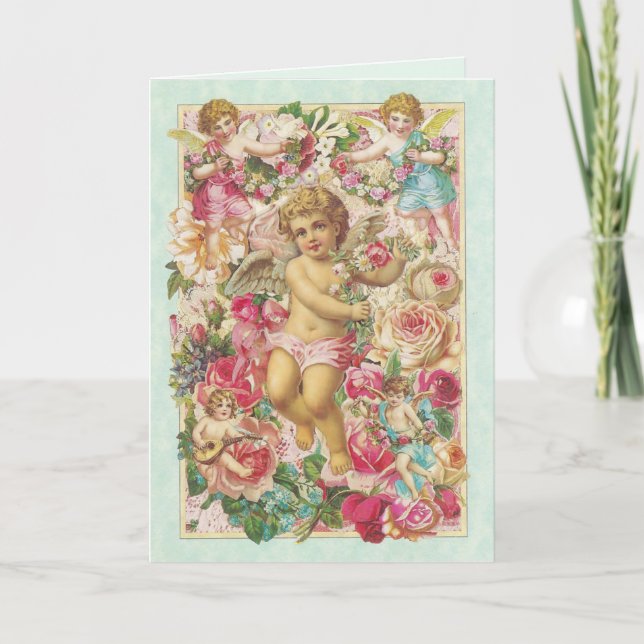Cartes Pour Fêtes Annuelles Cupide victorienne et Floral Rose (Devant)