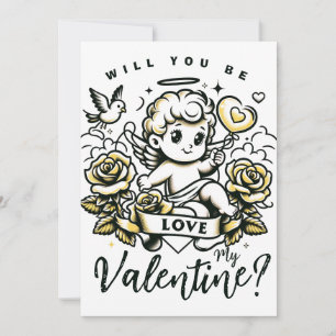 Cartes Pour Fêtes Annuelles Cupidon de la Saint-Valentin avec roses jaunes et 