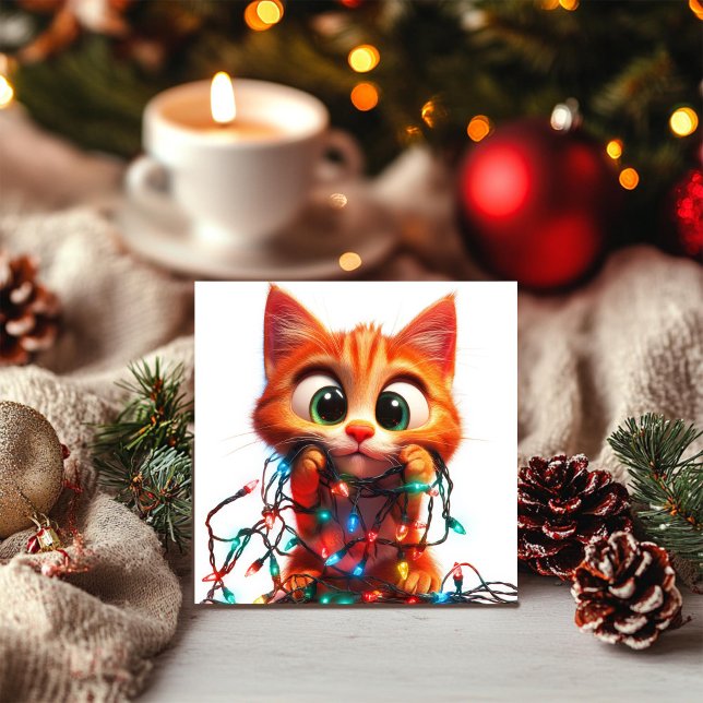 Cartes Pour Fêtes Annuelles Curieux chaton orange avec des lumières de fête (Créateur téléchargé)